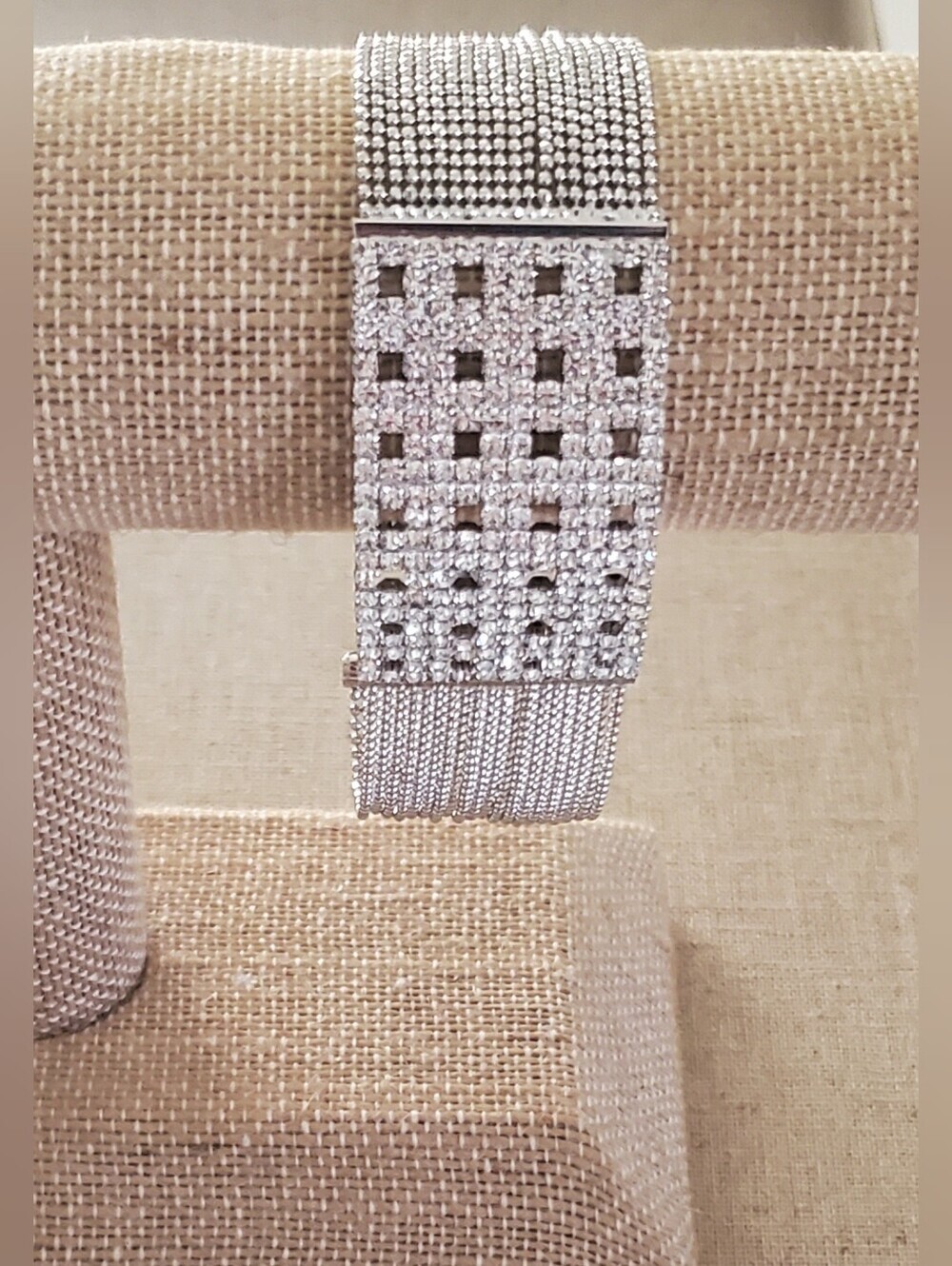 ​Sparkling Rhinestone Mesh Wide Cuff Bracelet | Silver Tone Statement Wristband